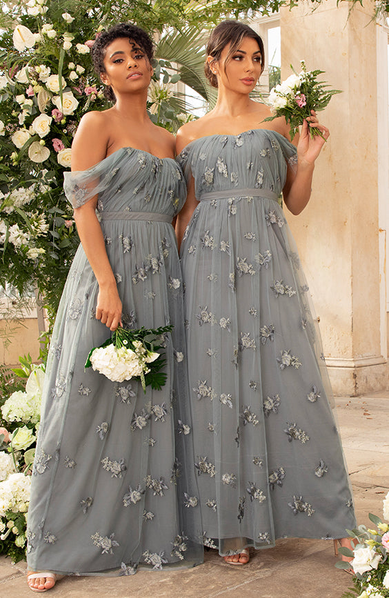 Lace Bardot Maxi Bridesmaid Dress in Green