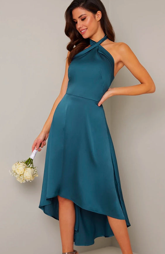 Halter Neck Dip Hem Backless Dress in Green