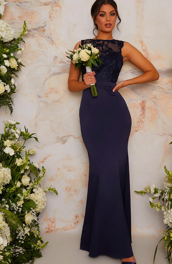 High neck navy bridesmaid dress best sale