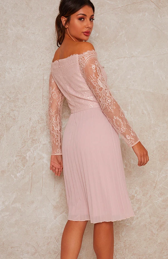 Lace Bardot Midi Bridesmaid Dress In Pink