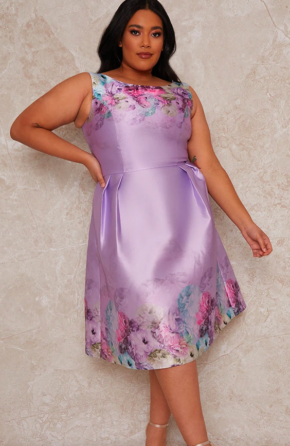 Plus Size Sleeveless Floral Print Midi Dress in Purple