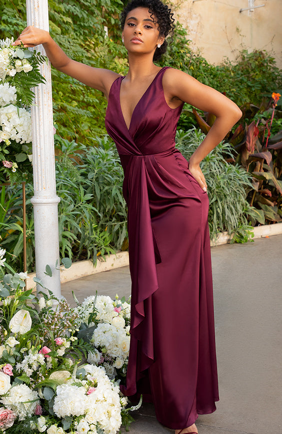 Satin Finish Wrap Detail Maxi Dress in Berry