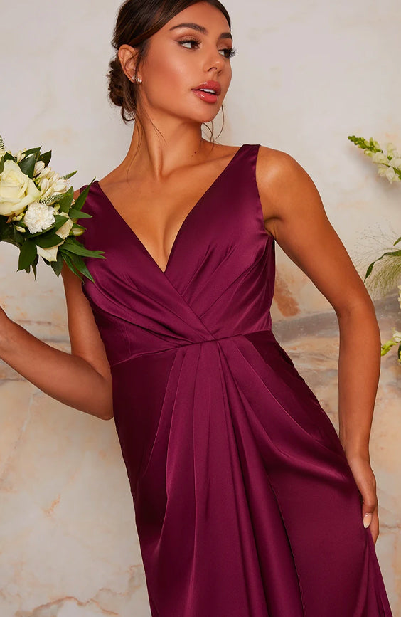 Satin Finish Wrap Detail Maxi Dress in Berry
