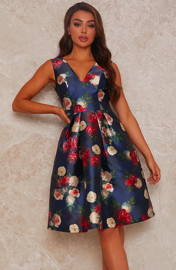 V Neck Floral Print Midi Skater Dress in Navy