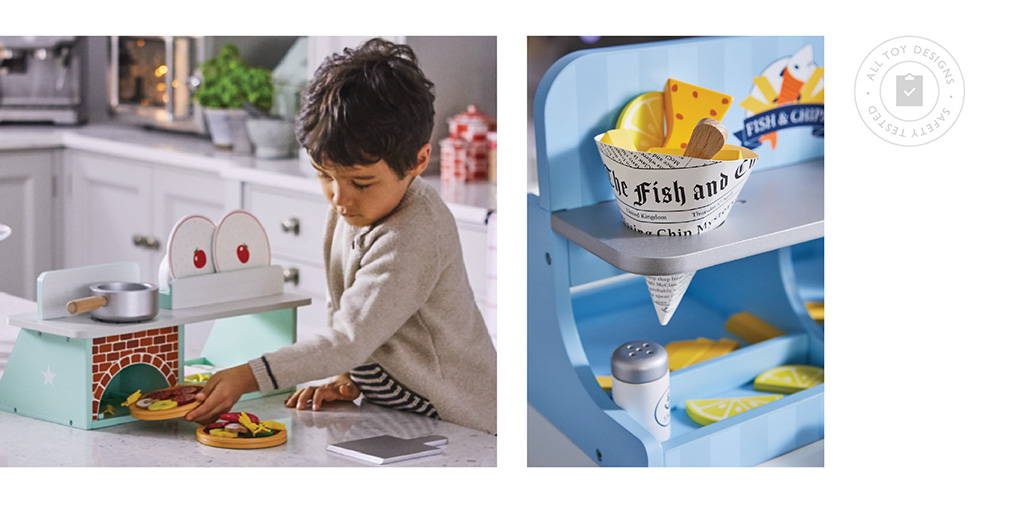 Wooden toy pizza cafe and fish and chip shop