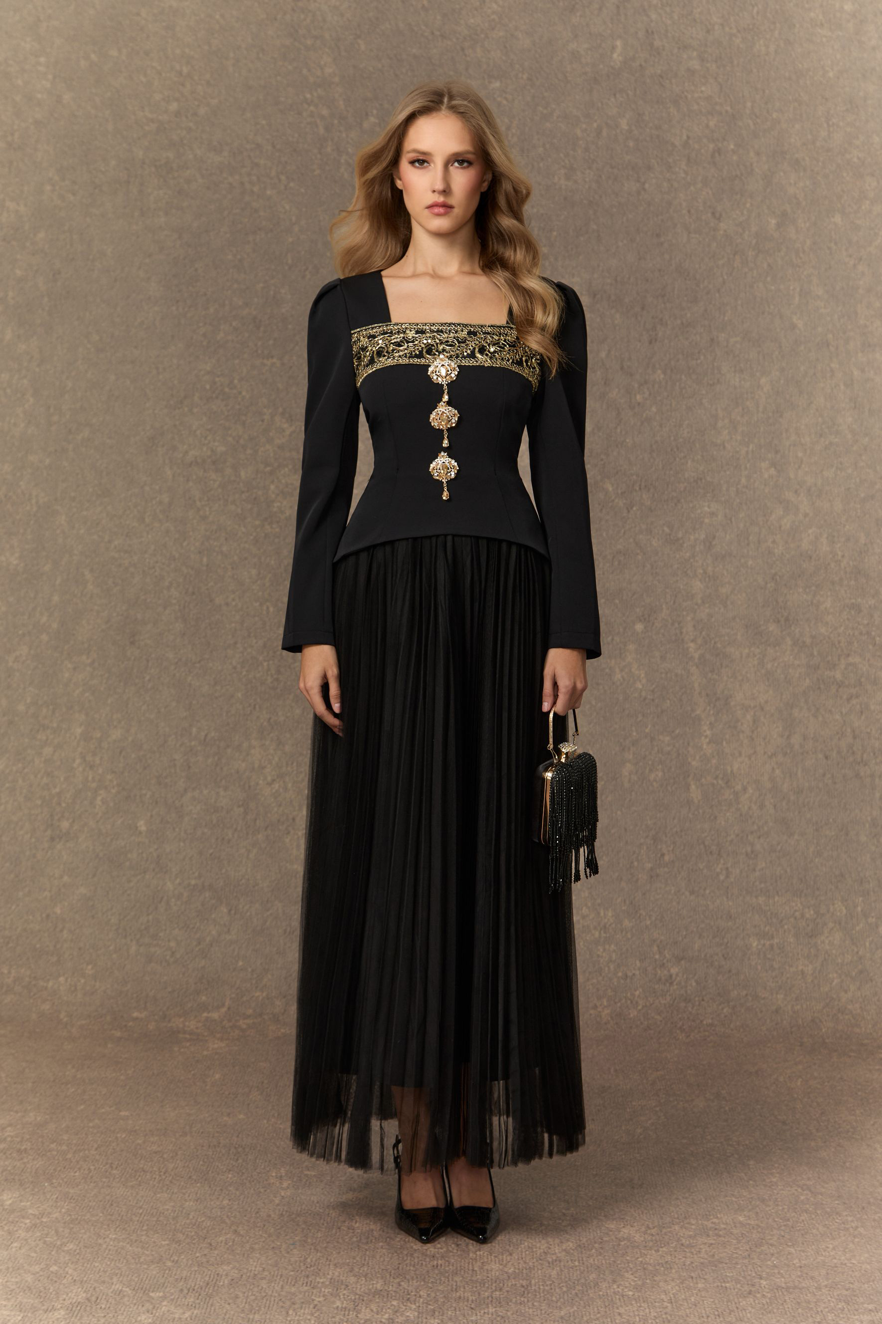 Feel The Romance Jeweled Button Pleated Maxi Dress