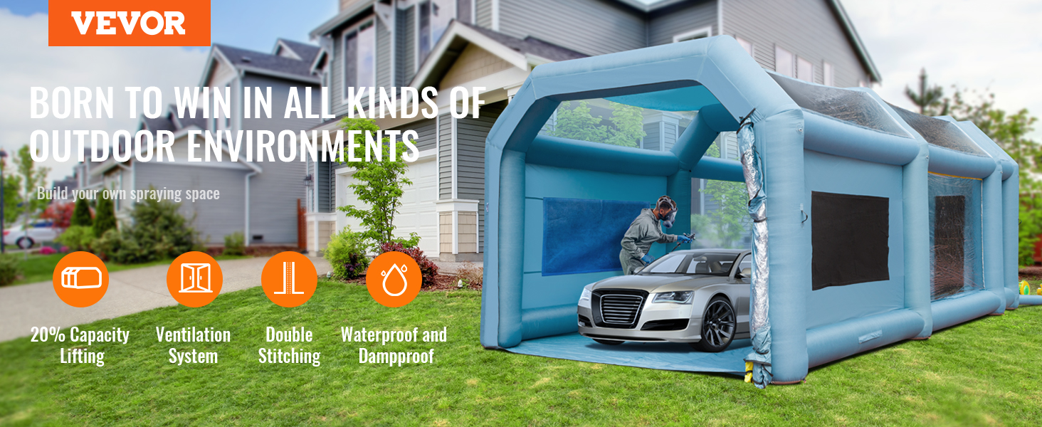 VEVOR inflatable paint booth in a suburban yard, showcasing car being sprayed, features include ventilation system.
