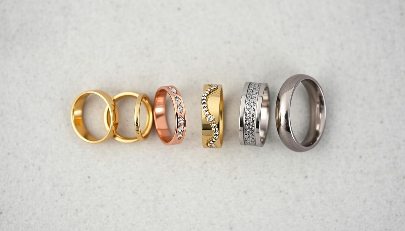 Various materials used in promise rings for couples displayed together