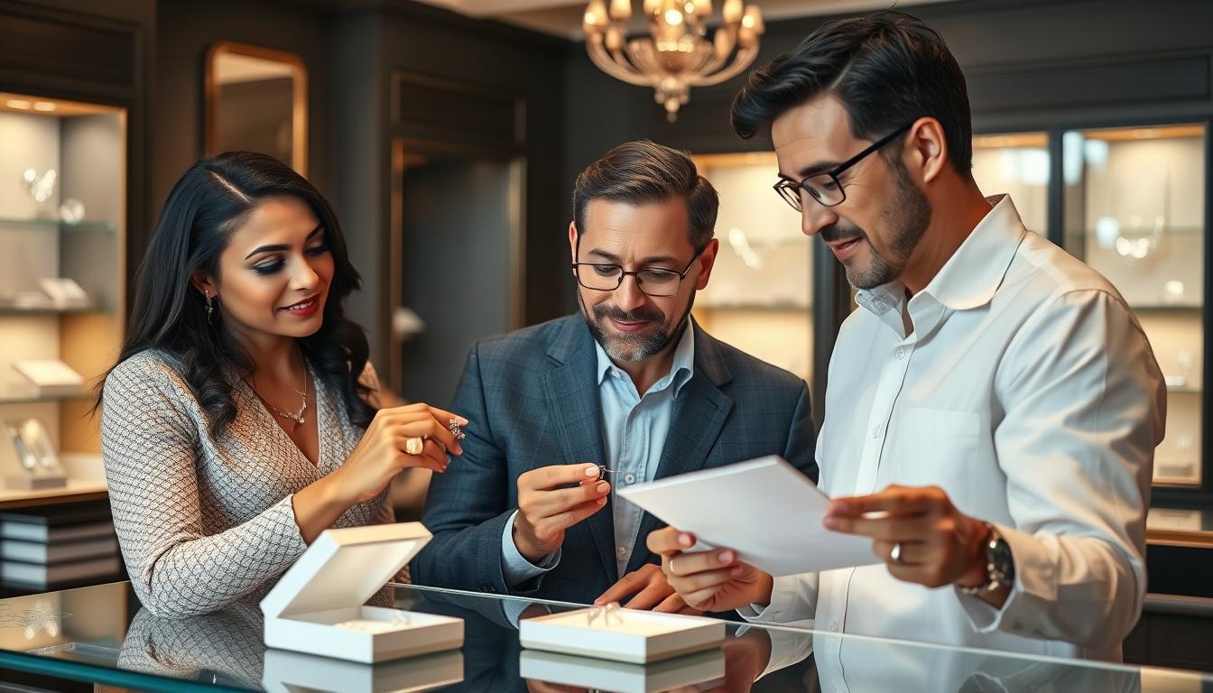 Couple shopping for sustainable diamond anniversary gifts with a jeweler