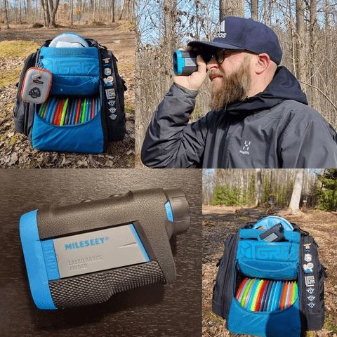 Displaying MILESEEY laser rangefinder together with well‑packed disc‑golf backpack on outdoor forest ground