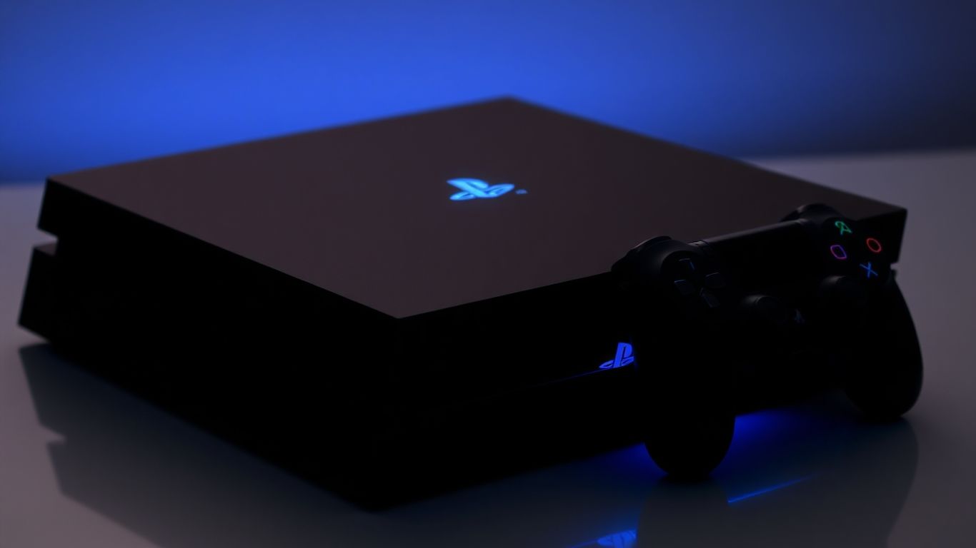 PlayStation 4 console with glowing blue light.