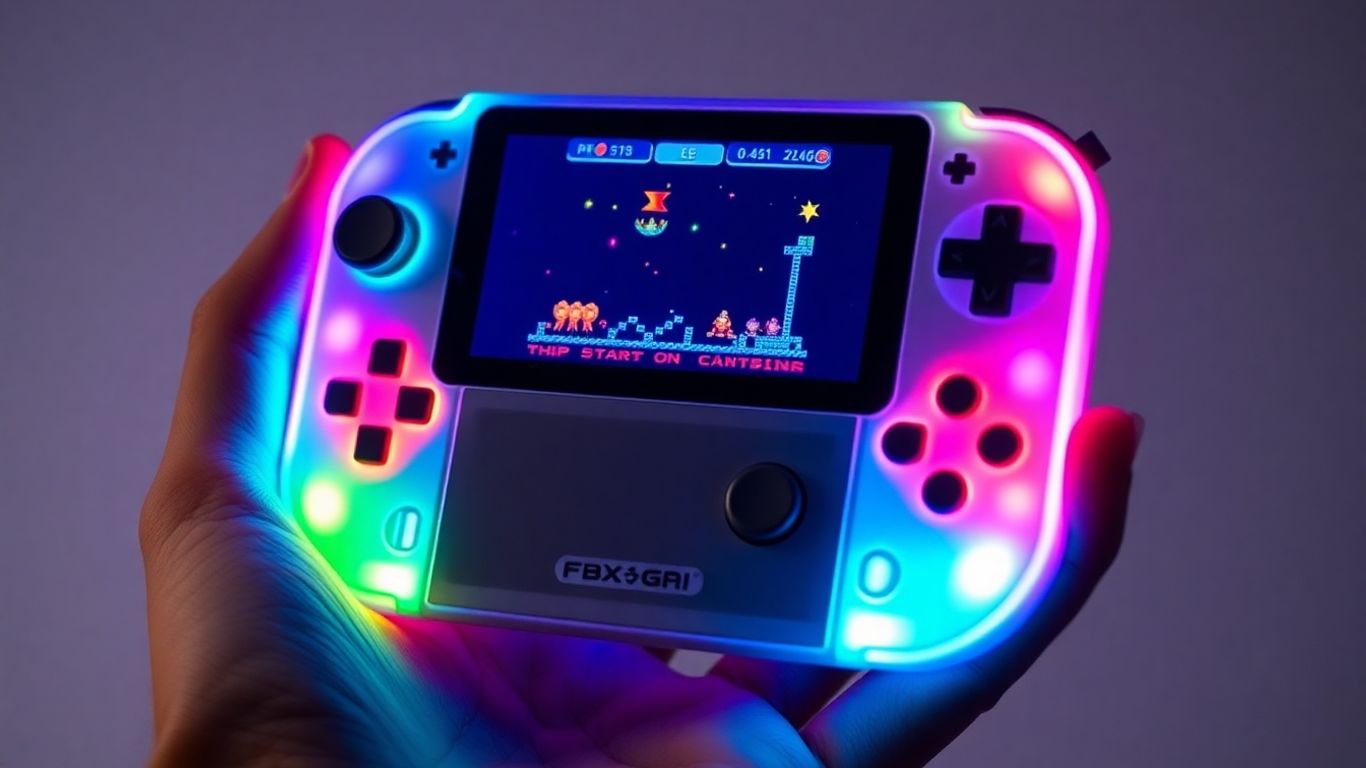 Handheld retro gaming console with colorful screen.