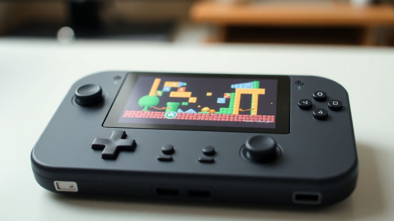 Handheld retro gaming console with colorful pixel art on screen.