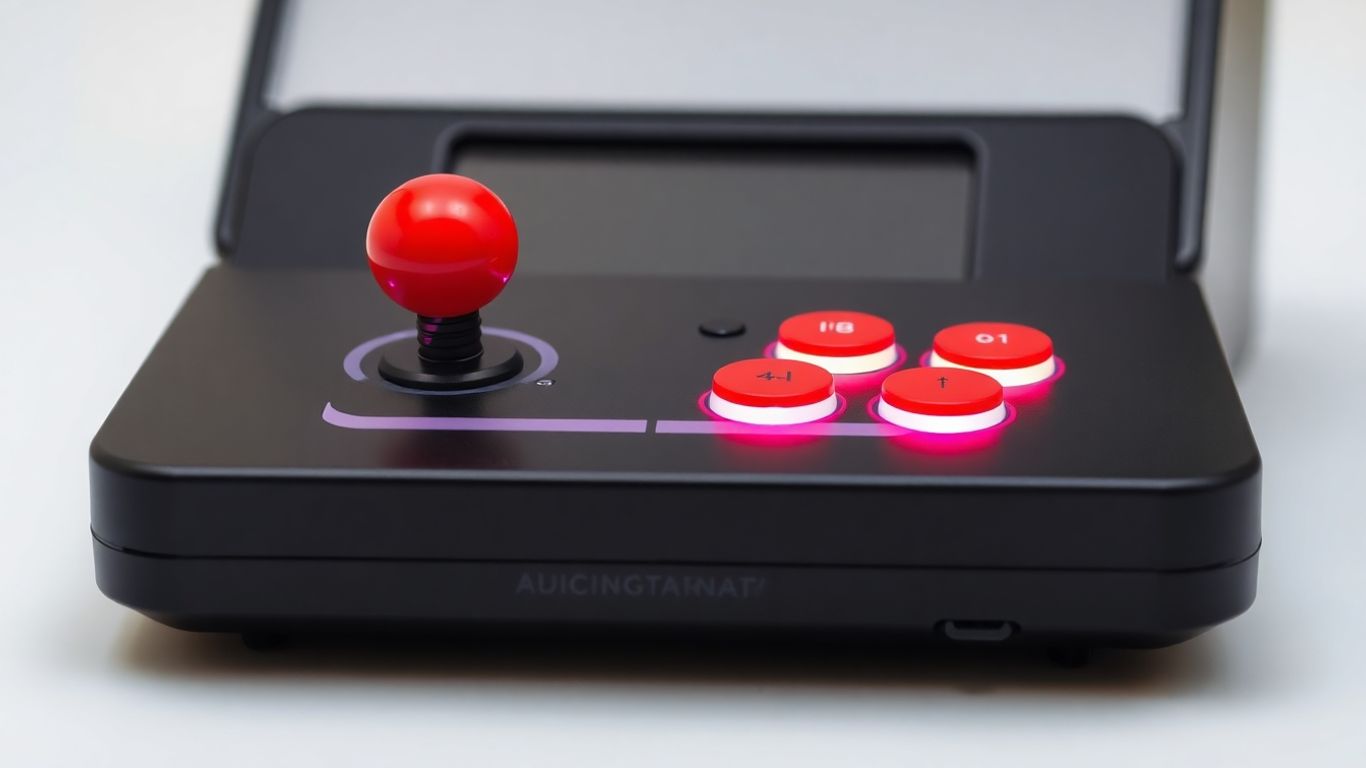 Portable arcade gaming console with colorful joystick and buttons.