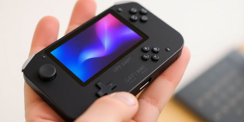 A pocket gaming console in hand.