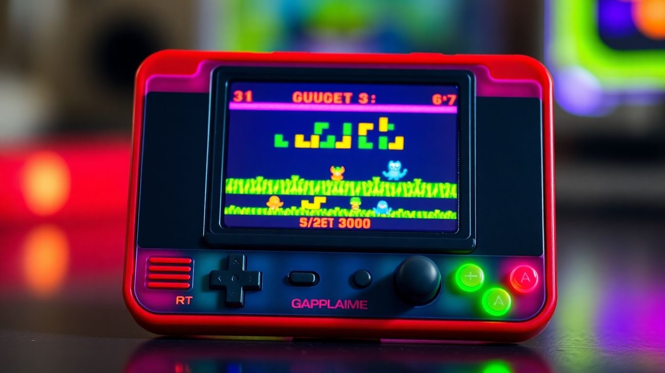 Retro handheld portable video game console with colorful screen.