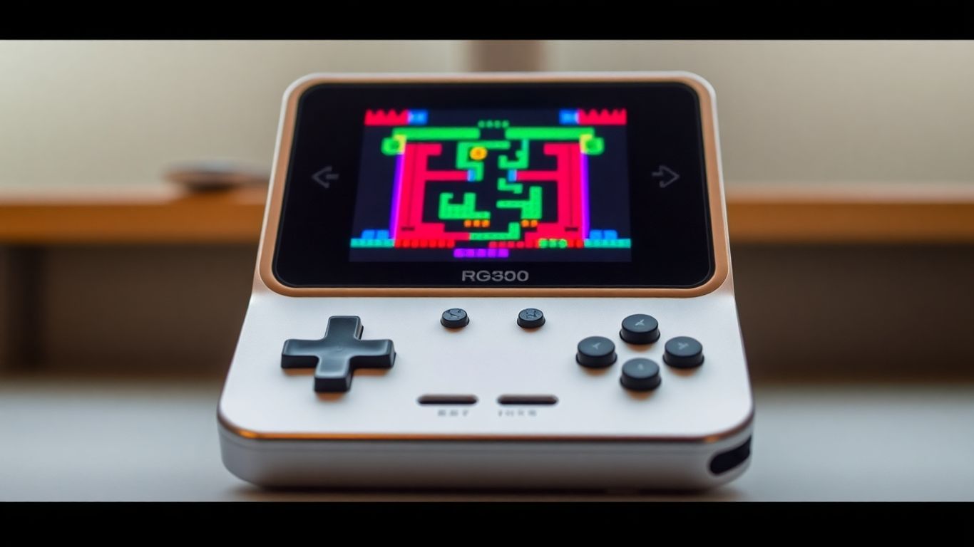 RG350 handheld retro gaming console playing a colorful game.