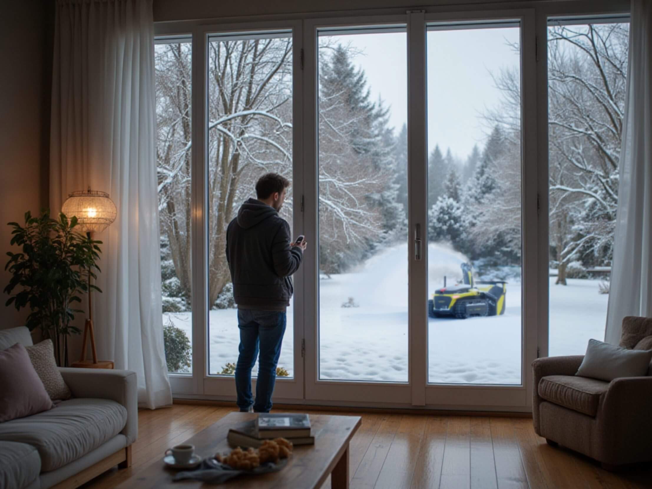 Yarbo snow blower operating autonomously while monitored indoors