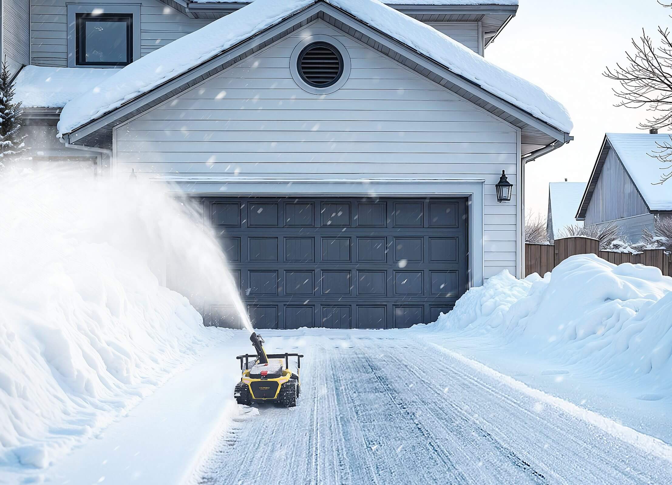 Yarbo snow blower clearing snow in a small courtyard.
