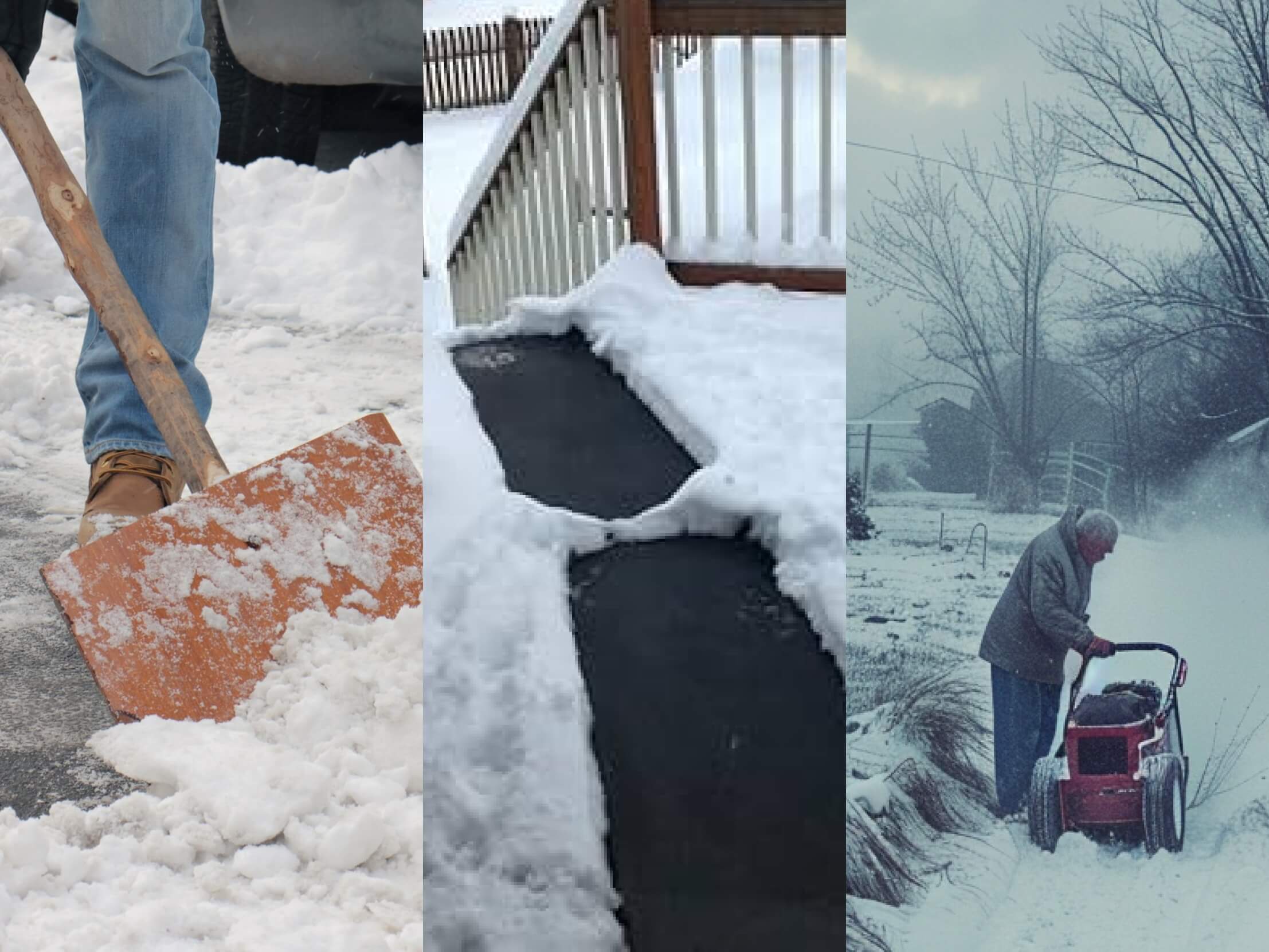 Comparison of manual shoveling, hand-pushed snow blowers, and ice-melting mats.