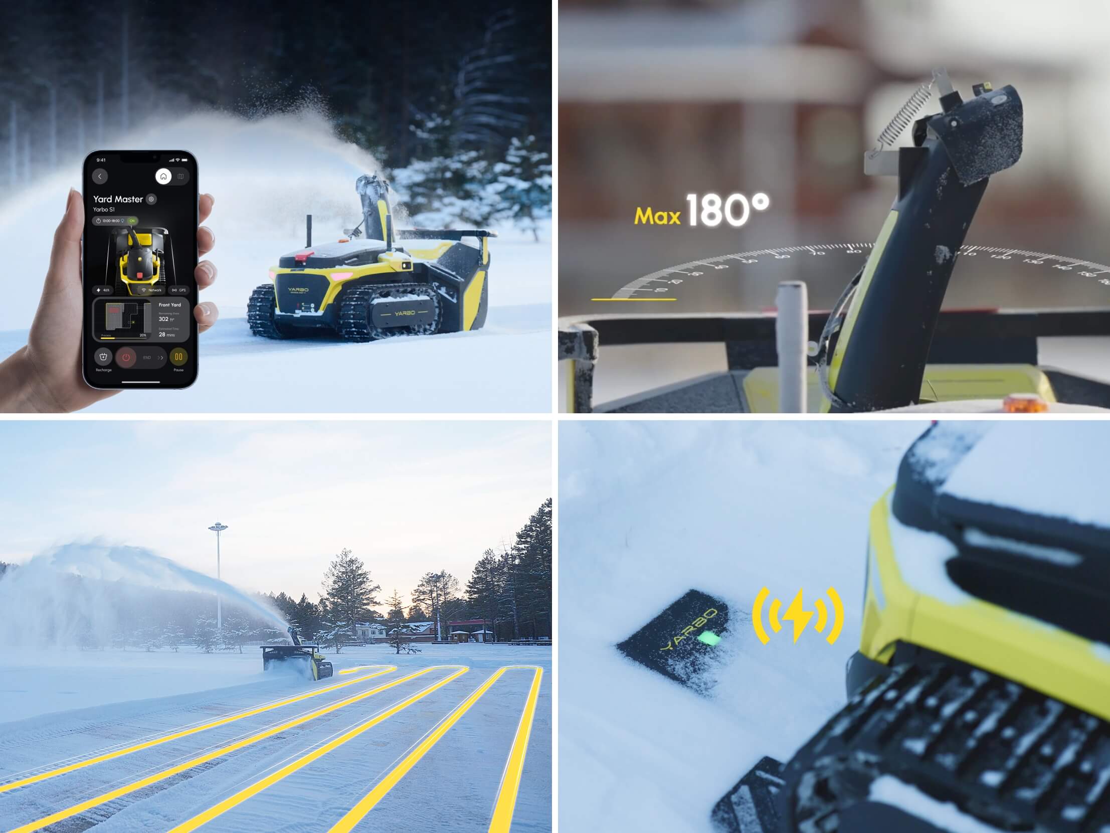 Yarbo snow blower with remote control, adjustable angles, path planning, and auto-recharging.