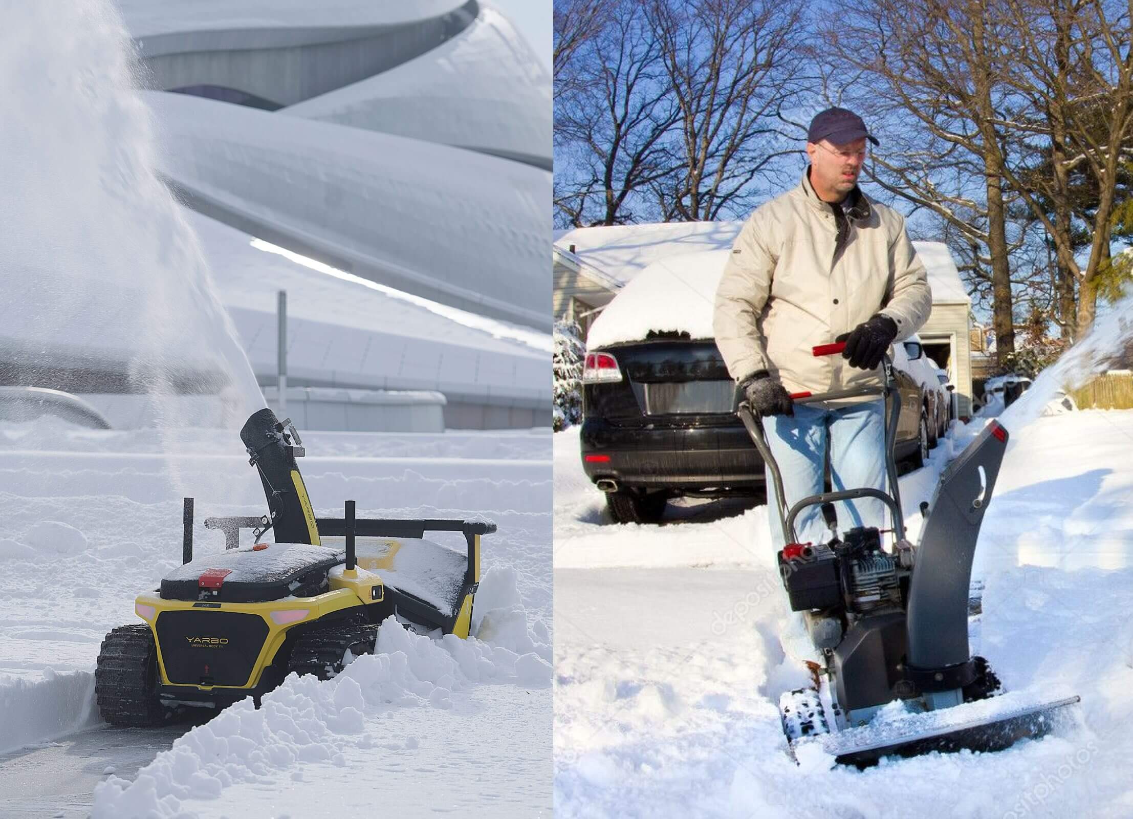 Comparison between the Yarbo electric snow blower and a gas-powered model, highlighting eco-friendly and quiet performance.
