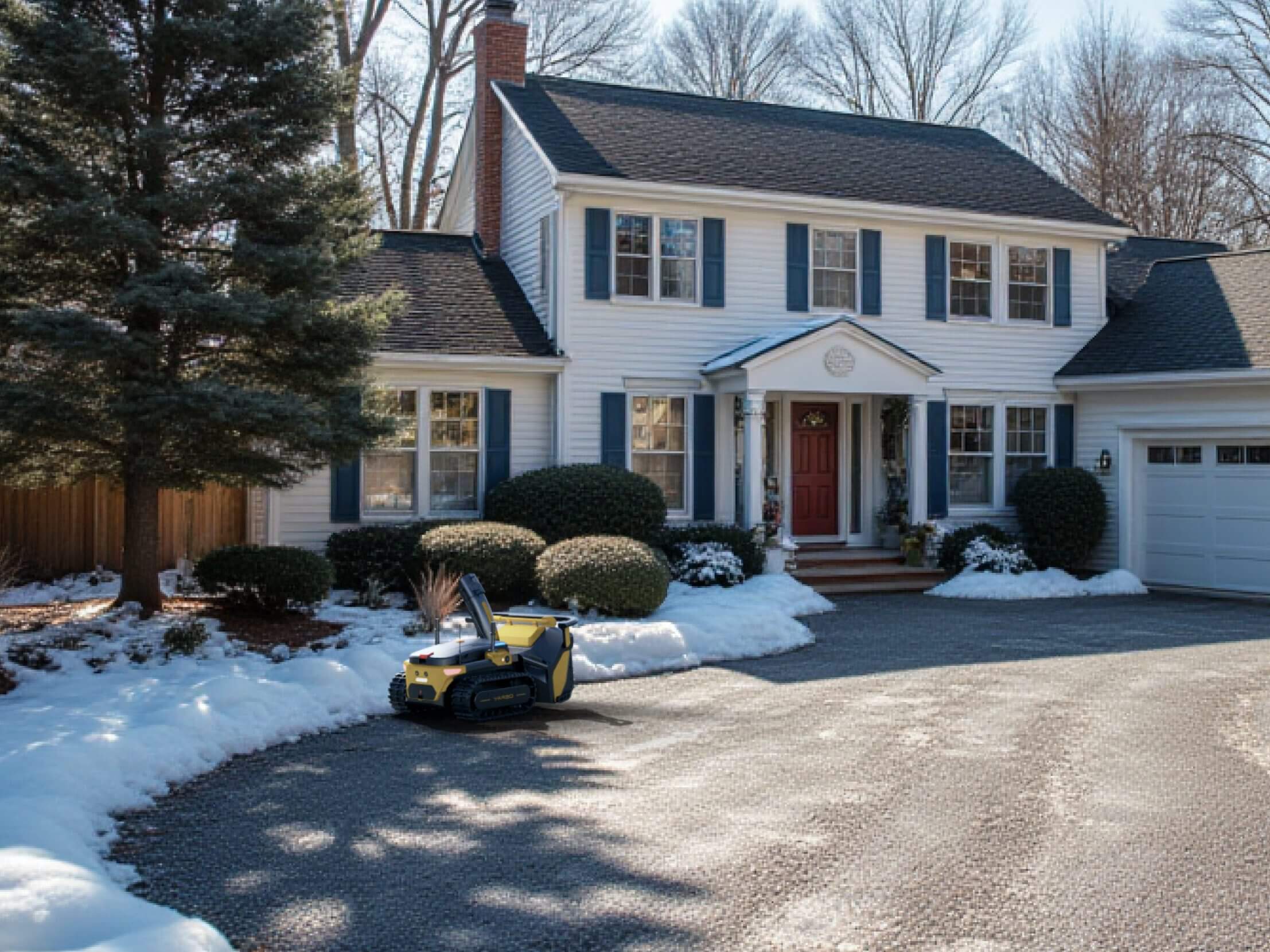 Yarbo automated snow removal system clearing snow without disturbing gravel driveway.
