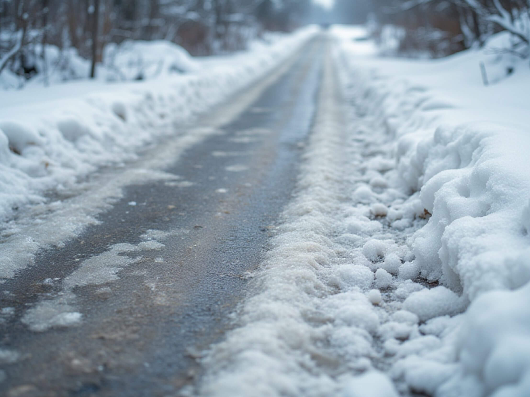 Clumpy and dense wet snow on a road