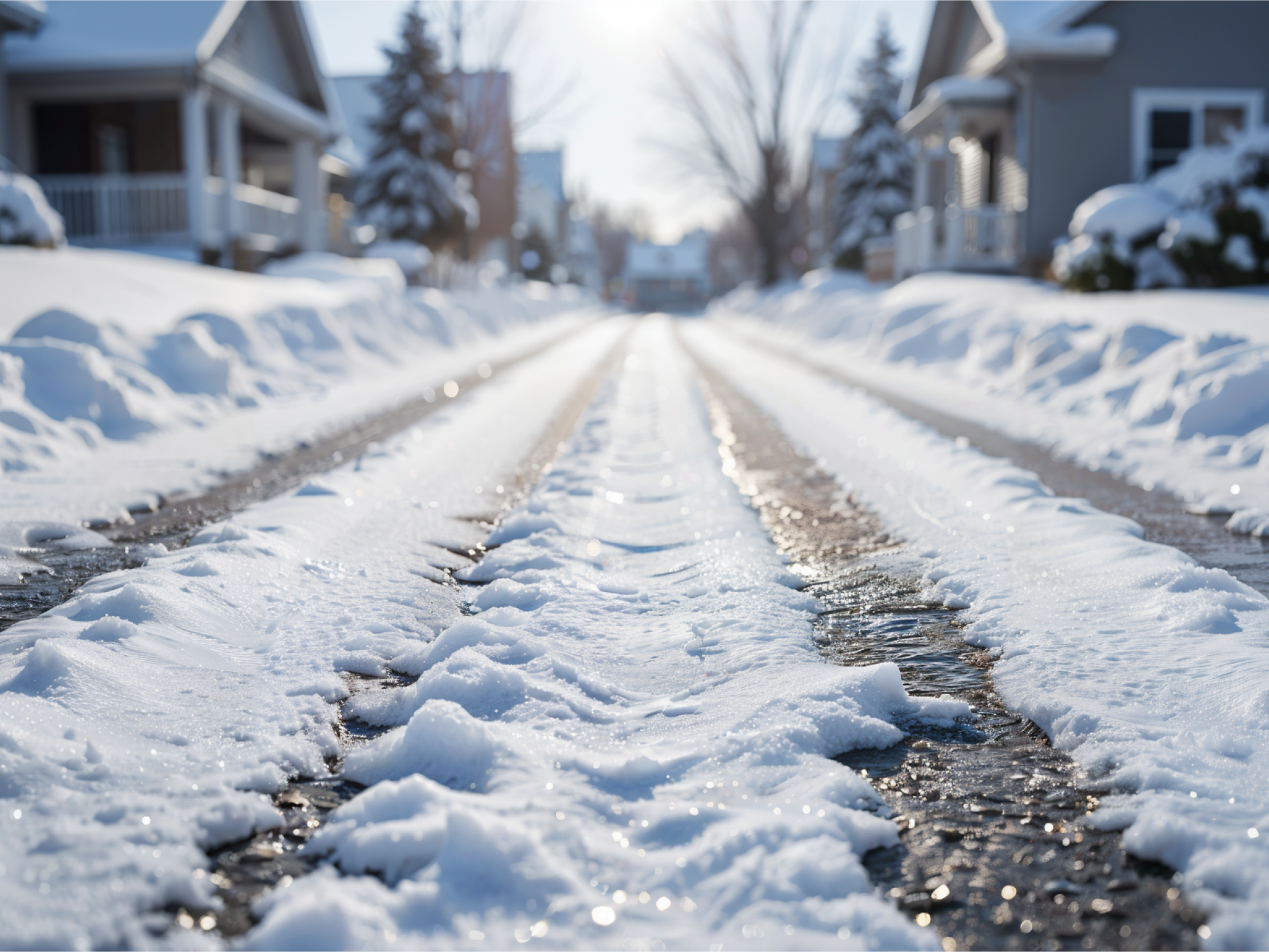 Snow-covered gravel driveway showing the need for efficient snow removal.