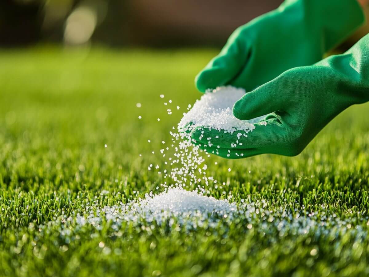 Winter fertilizer application to nourish lawn through colder months.