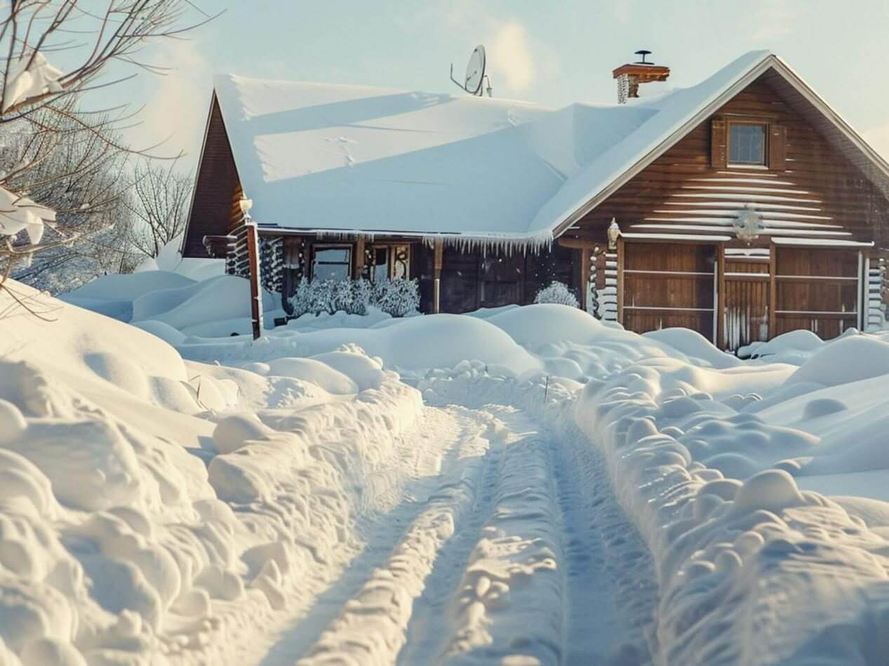 Heavy snow covering a yard and driveway