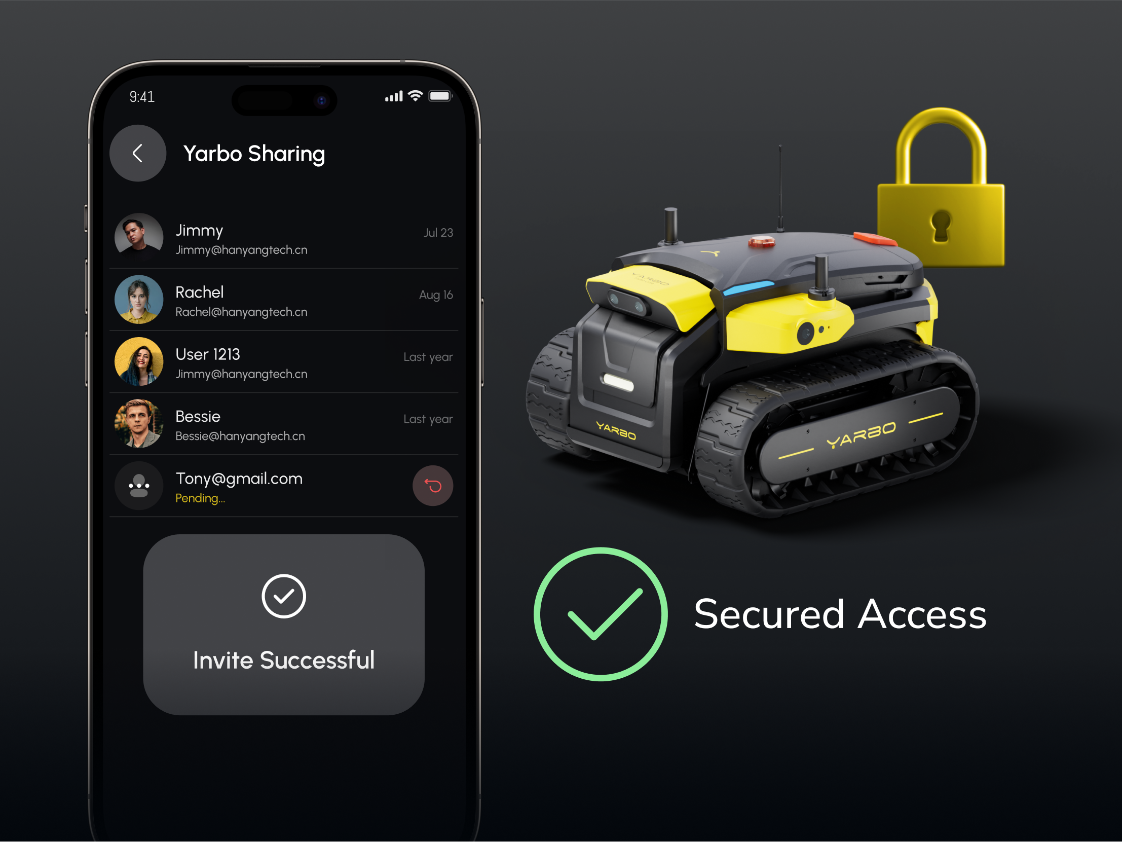 Image of the Yarbo app interface, showing options to set authorized user permissions for device access, ensuring secure control.
