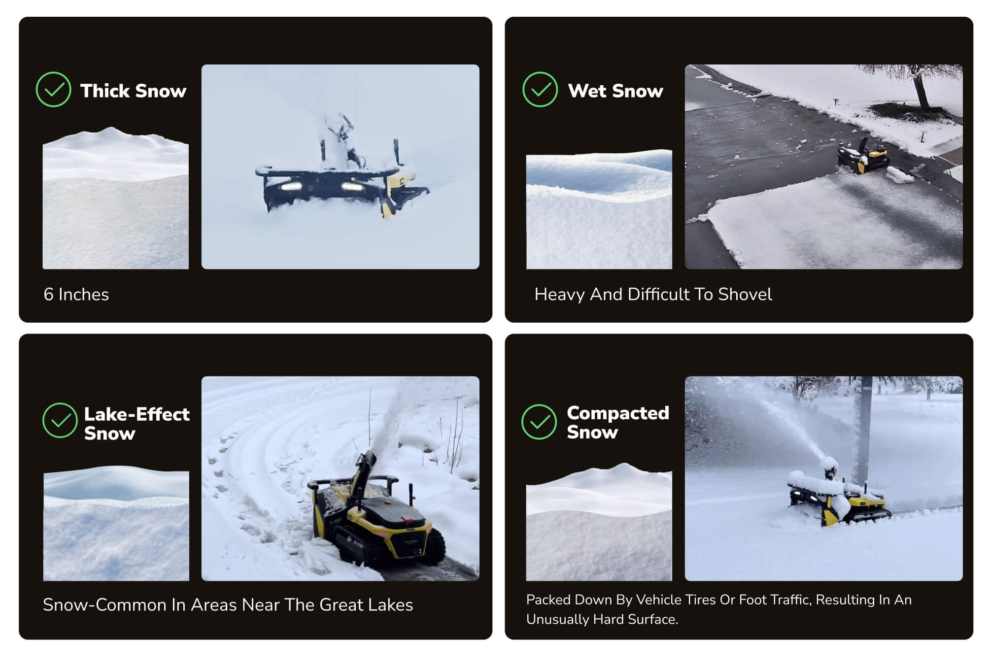 Yarbo snow blower effectively clearing thick, wet, lake-effect, and compacted snow.
