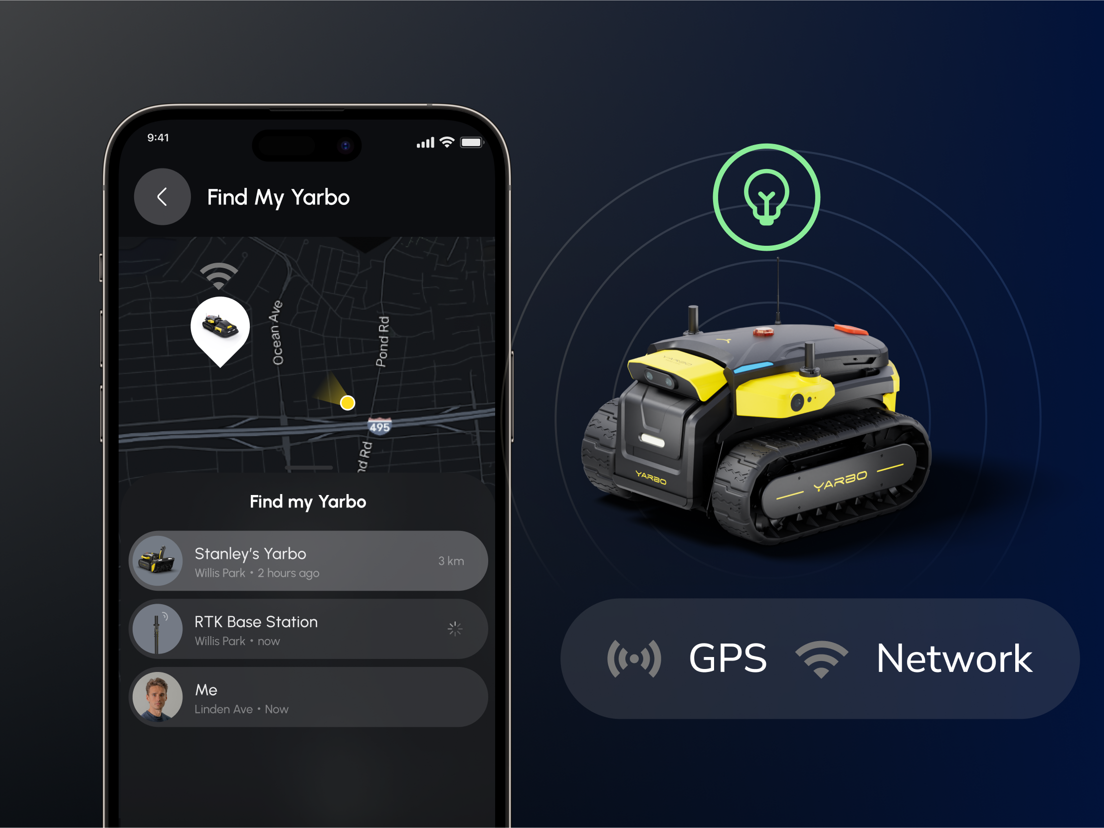 Map showing real-time tracking of a Yarbo device in a rural area, using GPS or network connectivity for remote tracking.