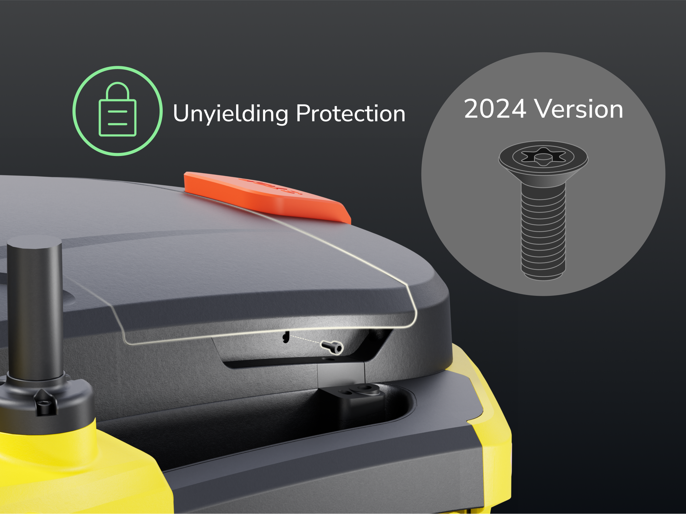 Close-up image of Yarbo’s anti-theft fastening bolts securing key components like the battery and motor.