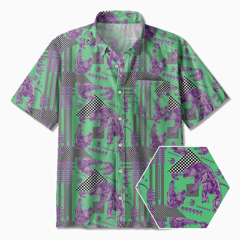 Geometric Element Dinosaur Green Button Up Pocket Shirt