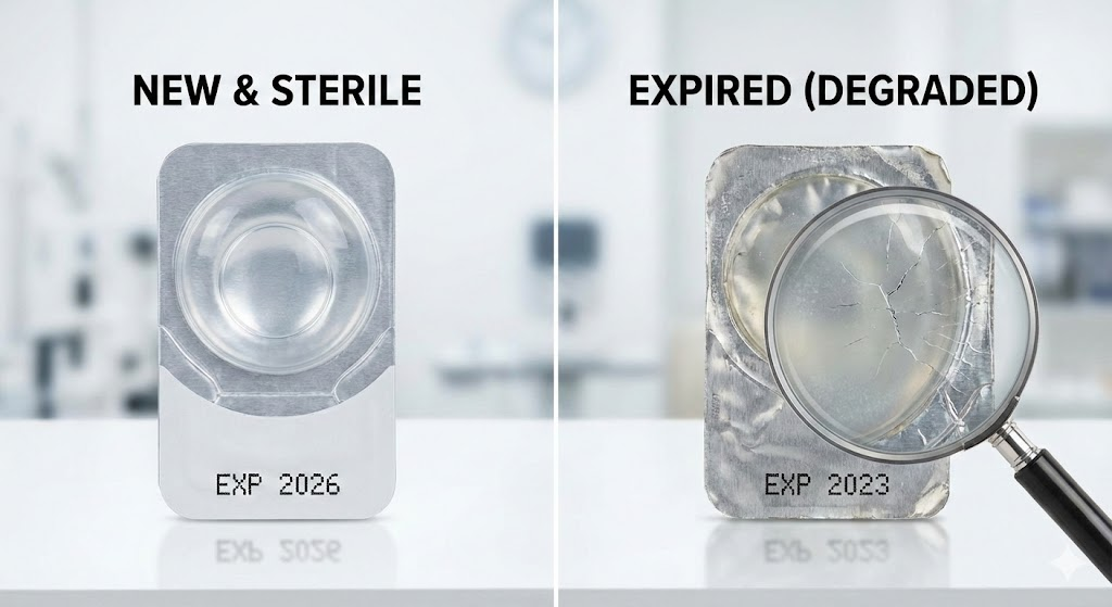 Side-by-side comparison showing a clear, sterile new contact lens package versus a cloudy, degraded expired contact lens package under a magnifying glass.