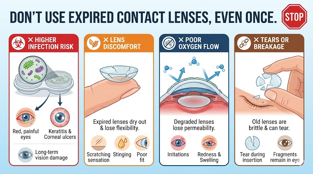 Infographic detailing risks of wearing expired contact lenses: higher infection risk, lens discomfort from dryness, poor oxygen flow to the cornea, and potential lens tearing or breakage.