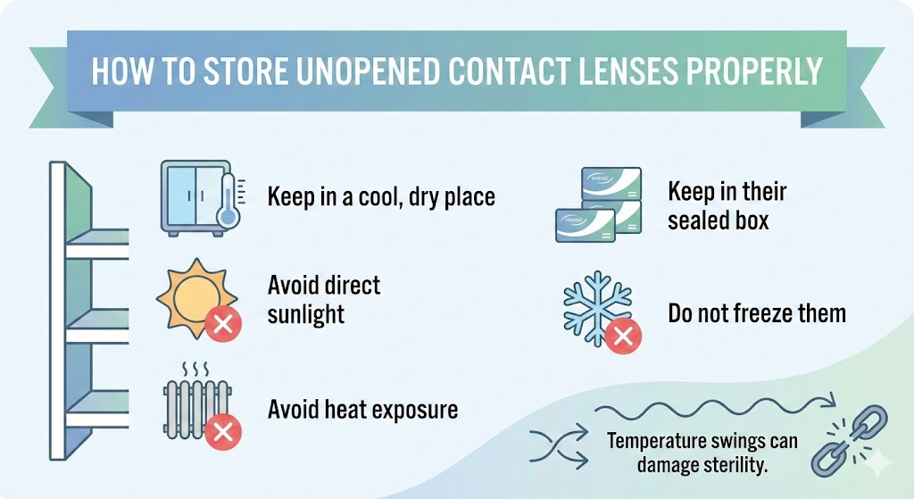 Illustrations of proper contact lens storage: keep in a cool dry cabinet, avoid direct sunlight, and keep away from heat sources to maintain sterility.