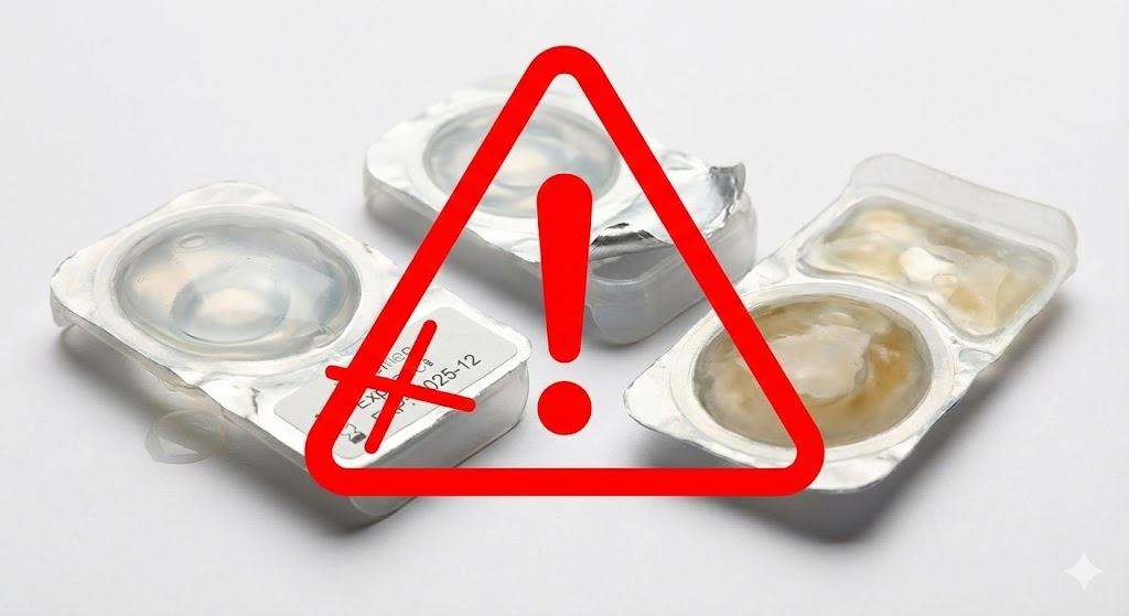 Warning symbol over swollen and damaged contact lens blister packs indicating compromised sterility and infection risk.