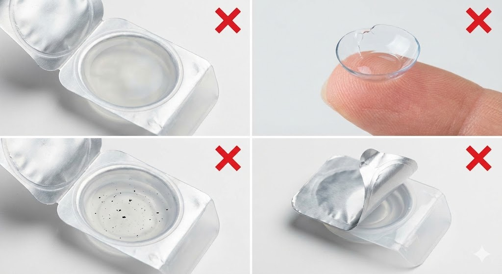 Four examples of unsafe contact lenses to discard: cloudy solution, a warped or torn lens, debris inside packaging, and compromised foil sealing.