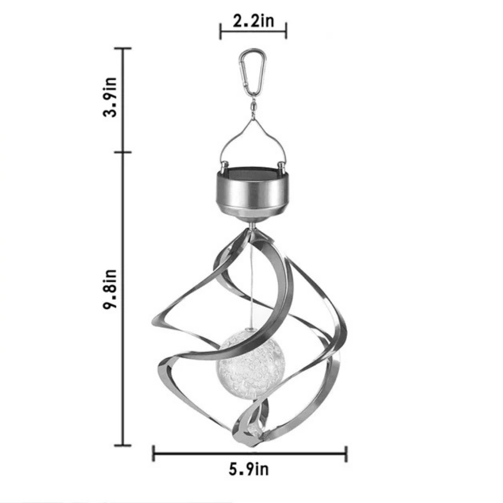 Diagram of a hanging solar-powered decorative light with dimensions labeled. The light has a spiral metal design encasing a glass globe and is suspended from a hook.