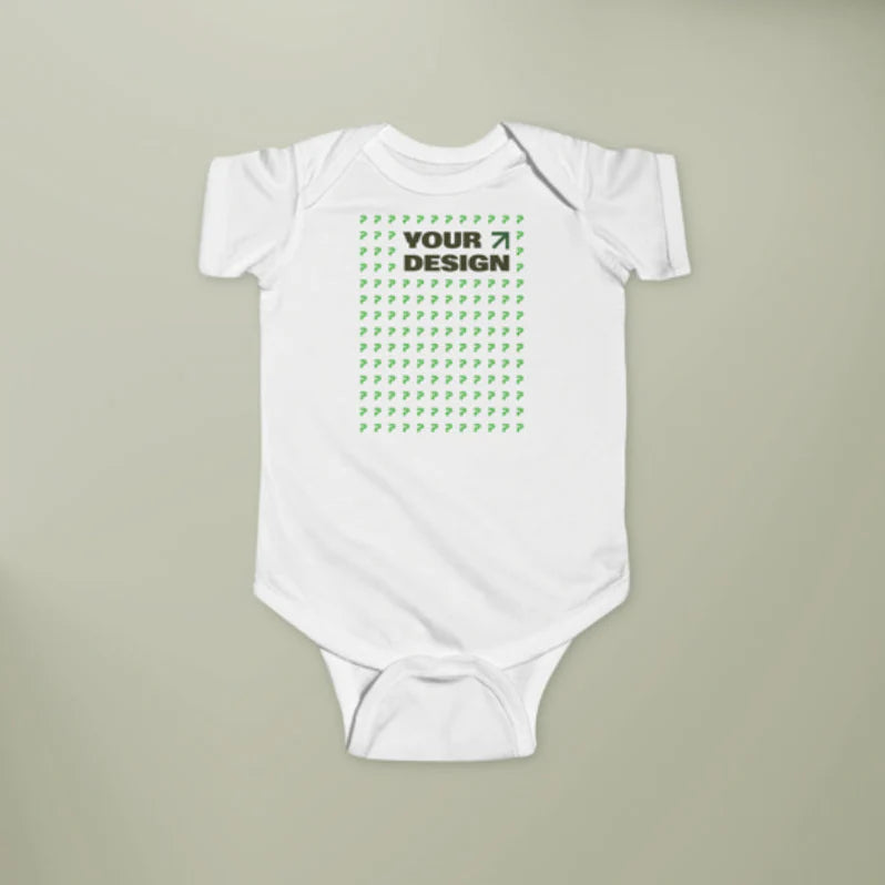 White infant fine jersey bodysuit with short sleeves, featuring a centered customizable 'Your Design' graphic in green and black, laid flat on a neutral background.
