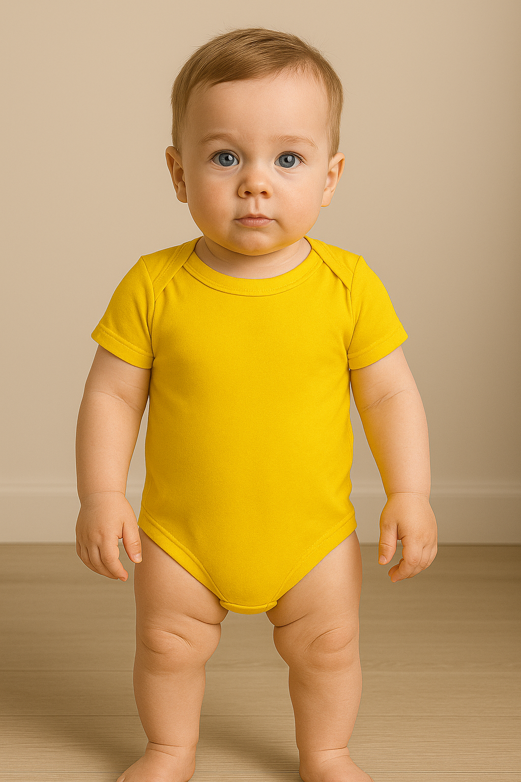 Baby wearing a bright yellow short-sleeve infant bodysuit standing barefoot on a wooden floor against a beige background.