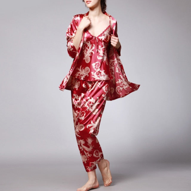 3 Piece Pajamas Silk Satin Sleepwear Printed Robe-Original Pajamas
