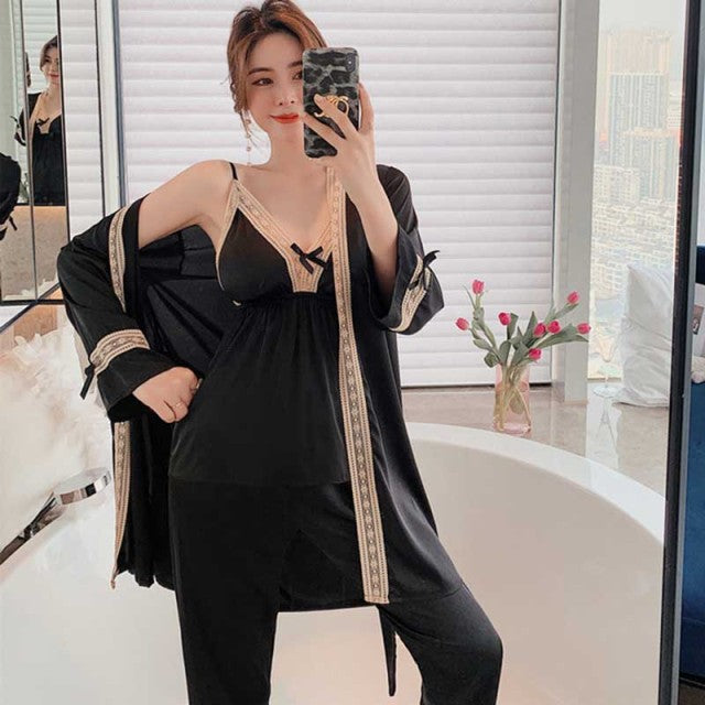 3 Piece Pajama Set Womens Cardigan Sling Pants Spring-Original Pajamas