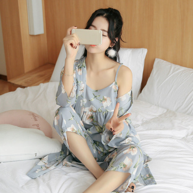 3 Piece Pajamas Floral Printing Pajamas For Ladies-Original Pajamas