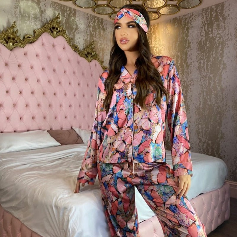 2 Piece Butterfly Print Satin Silk Pajamas Set With Headwear-Original Pajamas