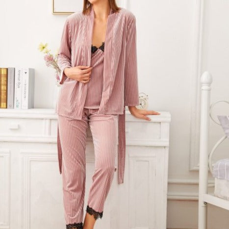 Velvet Velour 3 Piece Pajama Set Robe Sets Casual Home-Original Pajamas