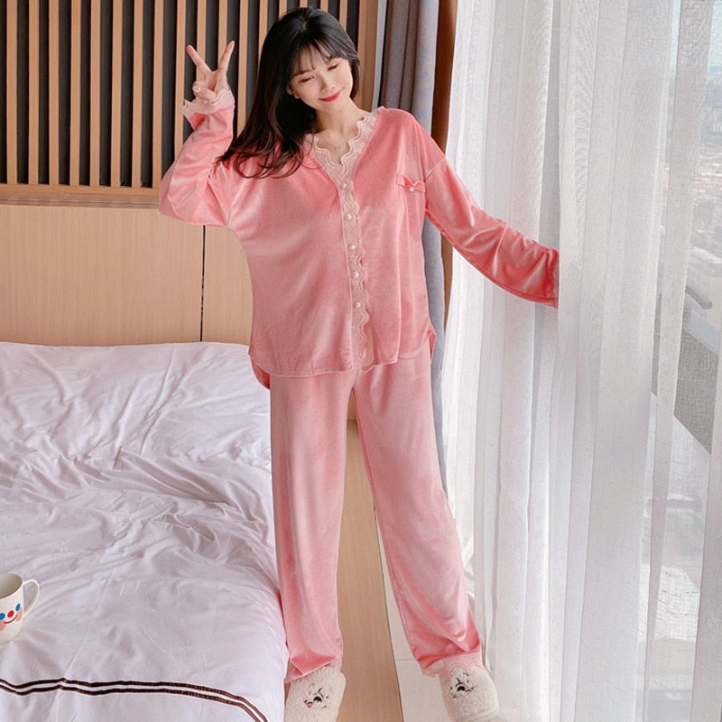 3PCS Pink Lady Pajamas Sets V-Neck Sleepwear Bride Home Wear-Original Pajamas